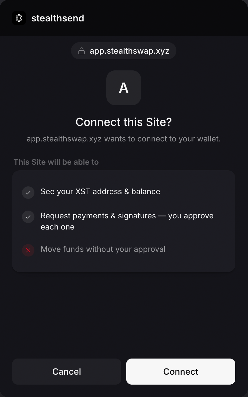 stealthsend extension — a site requesting to connect