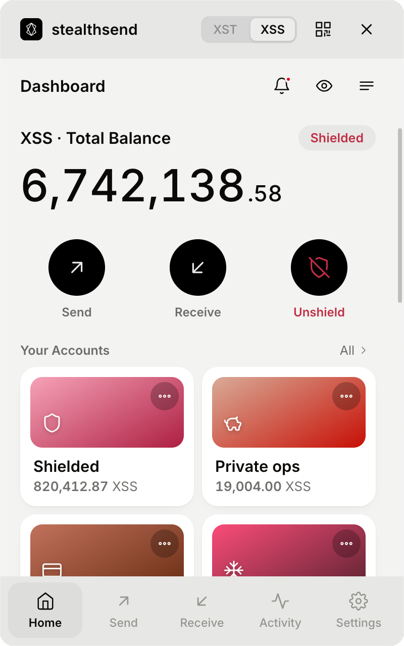 stealthsend extension — dashboard showing balances across both rails