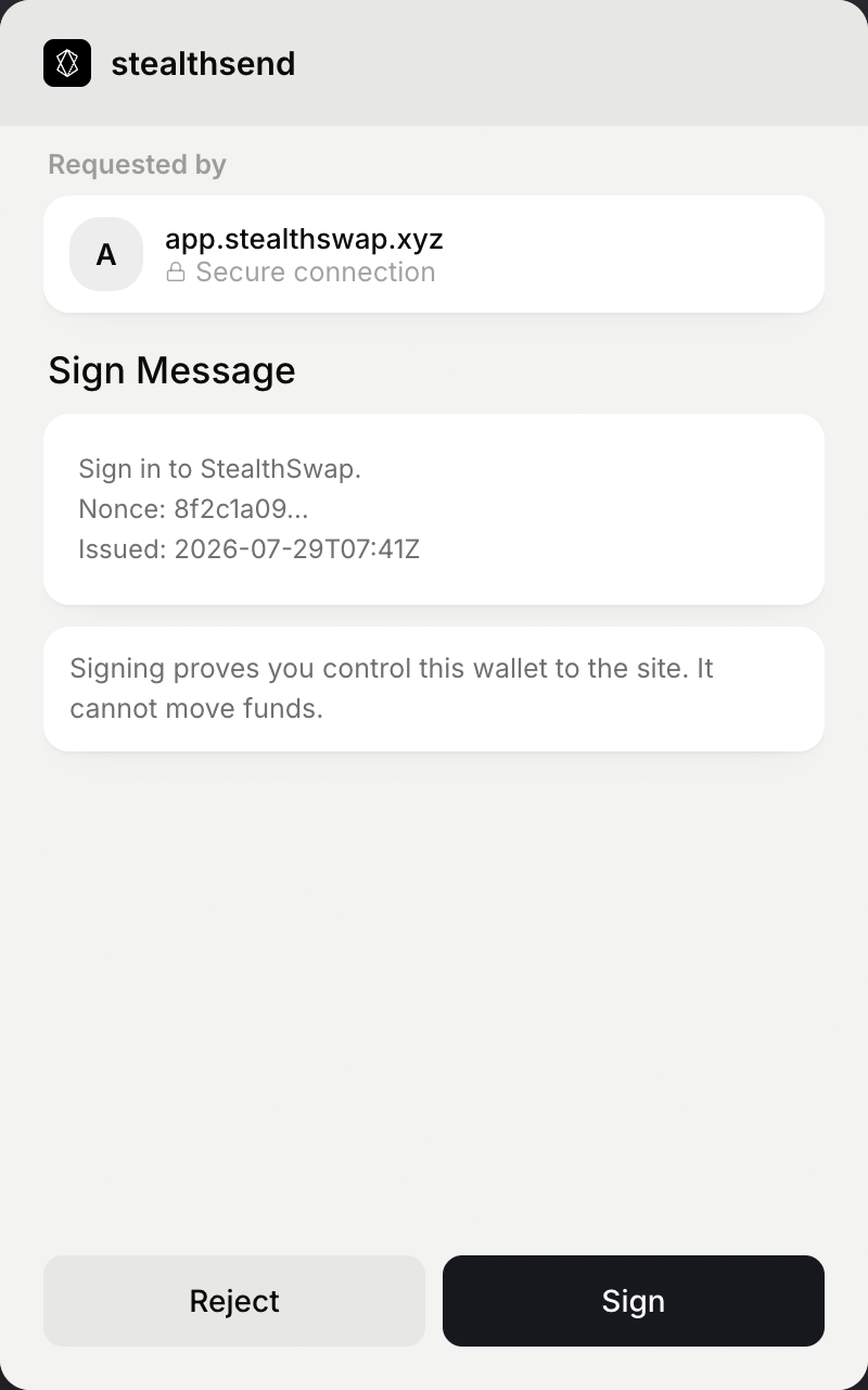 stealthsend extension — signing a message to prove wallet control